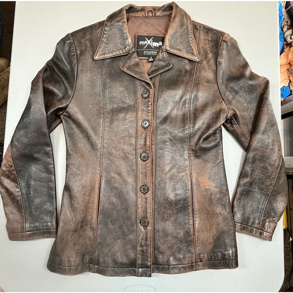 Wilsons Leather Maxima Jacket Womens Small Chocolate Brown Buttonup Lining FLAWS - Picture 1 of 14